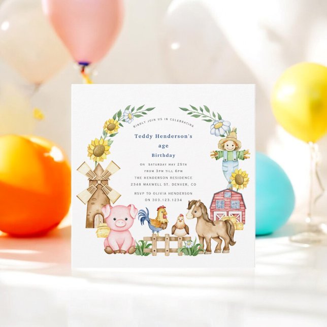 Niedlicher moderner Kindergeburtstag Einladung (cute farmyard animals  birthday invitation , fully editable )