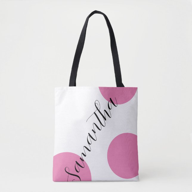 Niedlicher moderner Name Große rosa Polka Dots Tasche (Vorderseite)