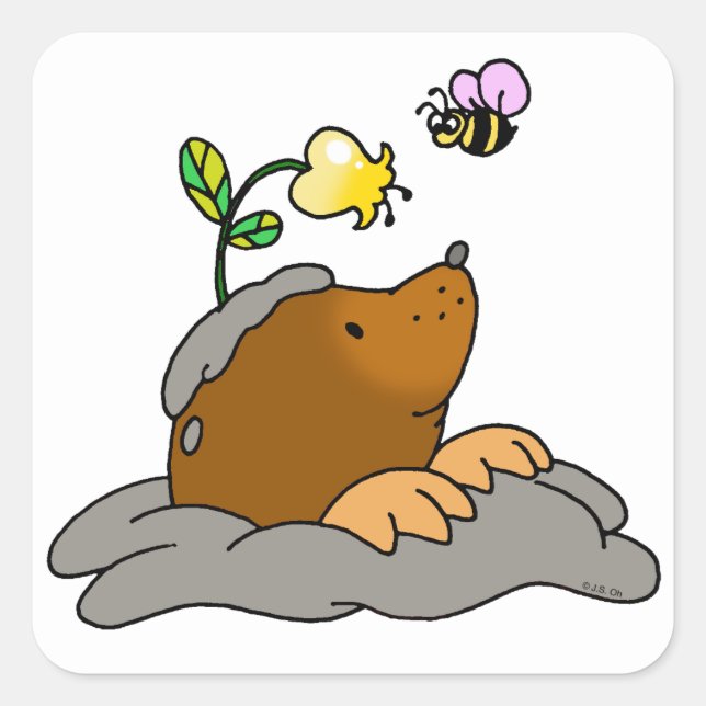 niedlicher Mole-Cartoon mit einer Blumenbiene Quadratischer Aufkleber (Vorderseite)