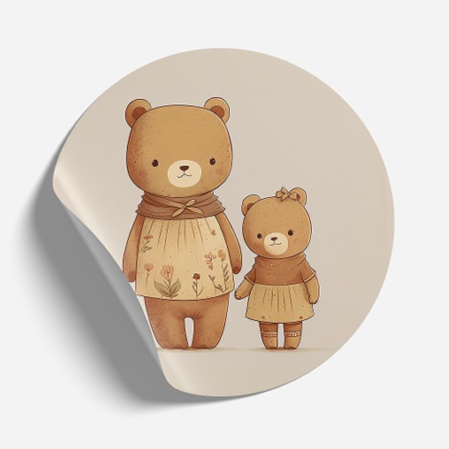 Niedlicher Mommy Teddy Bear und Baby Bear. Mathers Runder Aufkleber (Von Creator hochgeladen)