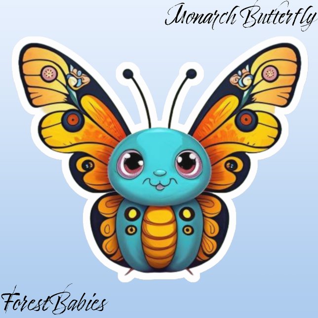 Niedlicher Monarch Butterfly Whimsical Cartoon Gra Aufkleber (Monarch Butterfly ForestBabies Sticker)