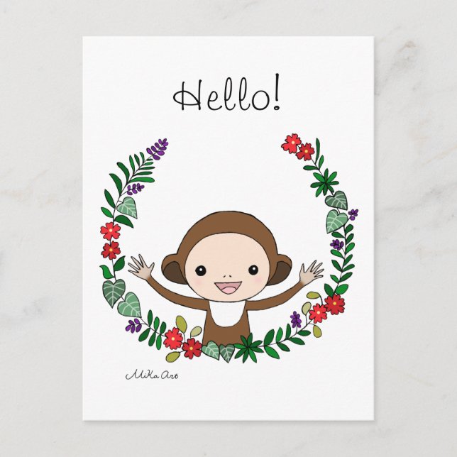 Niedlicher Monkey Hello Postcard Affe mit Blume Ar Postkarte (Vorderseite)
