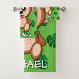 Niedlicher Monkey Safari Grüner Cartoon Dschungel Badhandtuch Set