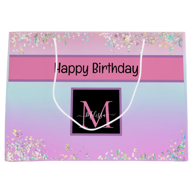 Niedlicher Monogram Holographic Pastell Glitzer Ge Große Geschenktüte (Vorderseite)