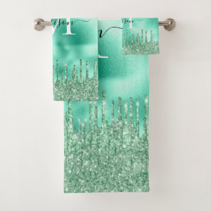 Niedlicher monogram Metallic Minze Green Dripping Badhandtuch Set
