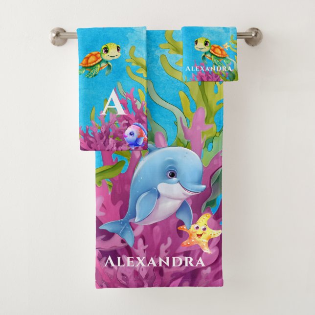 Niedlicher Monogramm Name Küstenschildkröte-Dolphi Badhandtuch Set (Insitu)