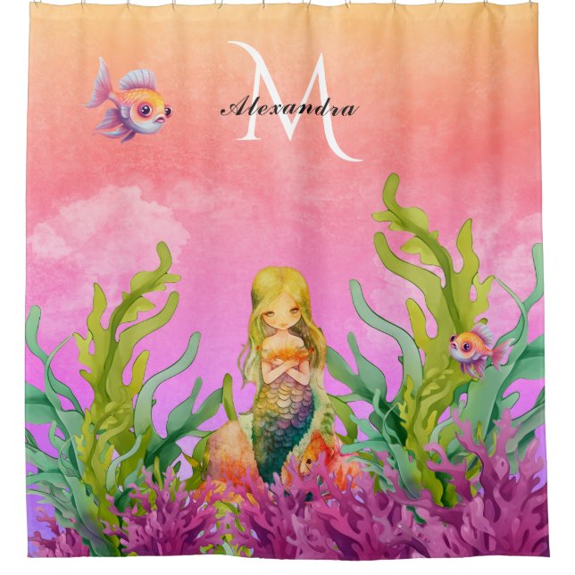 Niedlicher Monogramm Name Mermaid Fisch Rosa Lila Duschvorhang (Vorderseite)
