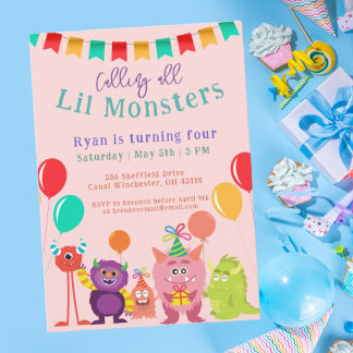 Niedlicher Monster Cartoon Pink Geburtstagsparty Einladung