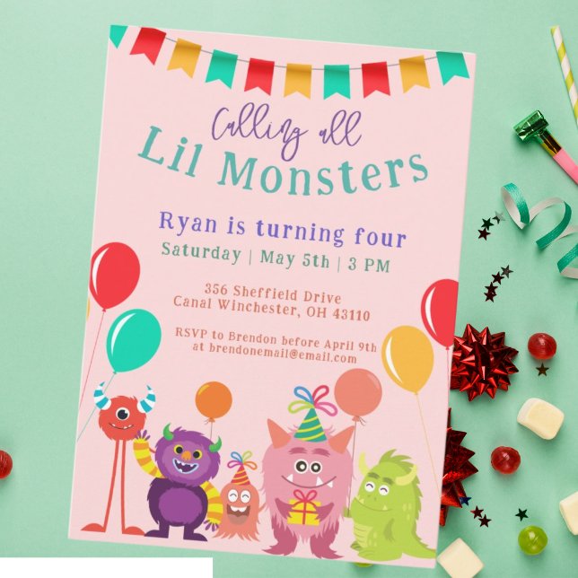 Niedlicher Monster Cartoon Pink Geburtstagsparty Einladung (Von Creator hochgeladen)