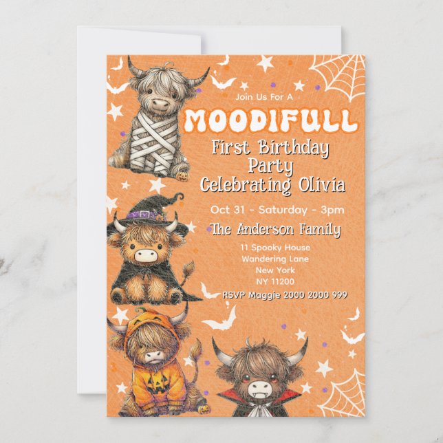 Niedlicher Moodifull Highland Cow Halloween Geburt Einladung (Vorderseite)