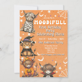 Niedlicher Moodifull Highland Cow Halloween Geburt Einladung