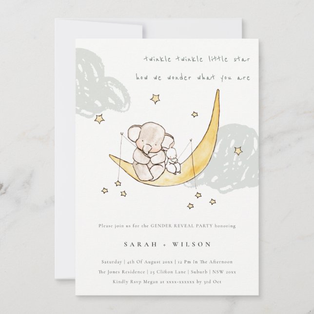 Niedlicher Moon Star Elephant Bunny Gender Reveite Dankeskarte (Vorderseite)