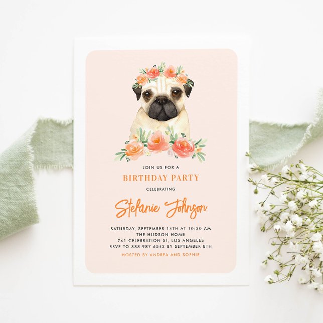 Niedlicher Mops Aquarell Peach Floral Kindergeburt Einladung (Von Creator hochgeladen)