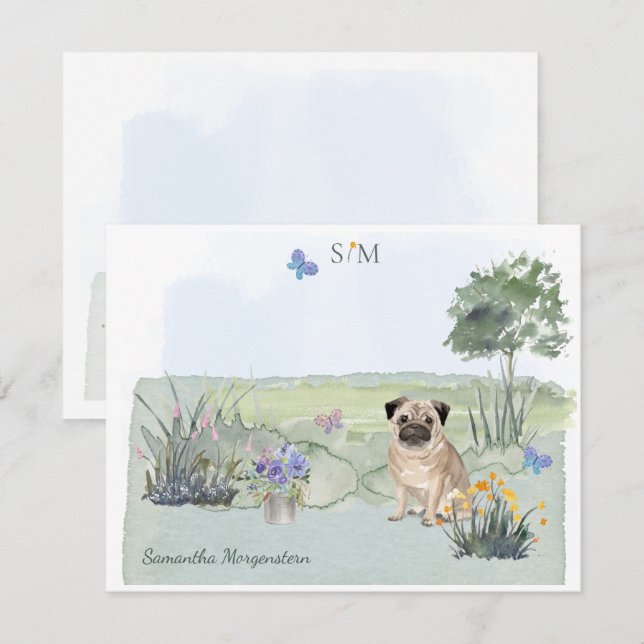 Niedlicher Mops Butterfly-Schmetterlingschattenmon Mitteilungskarte (Vorne/Hinten)