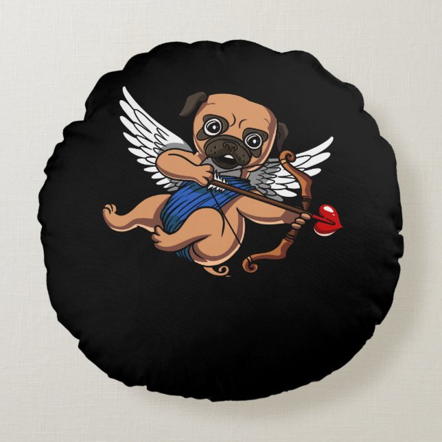 Niedlicher Mops Cupid Dog Rundes Kissen (Vorderseite)