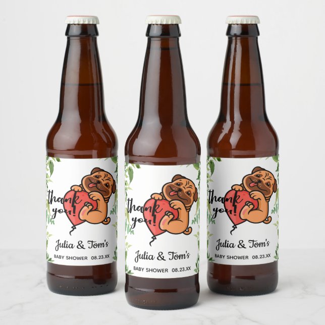 Niedlicher Mops Danke, Baby Dusche Bierflaschenetikett (Flaschen)
