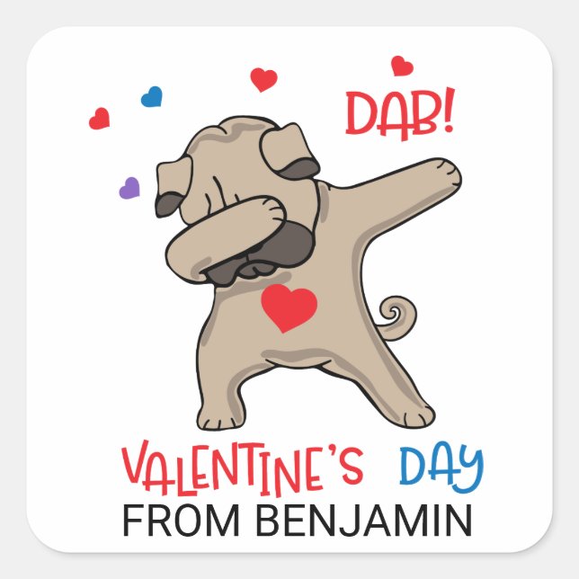 Niedlicher Mops Dog Dab Valentinstag Quadratischer Aufkleber (Vorderseite)