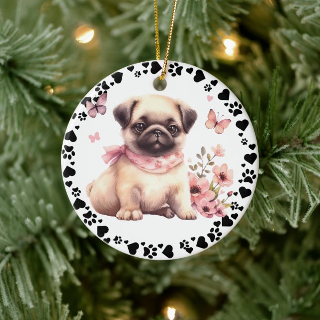 Niedlicher Mops Dog Paws Hört benutzerdefiniertes  Keramik Ornament (Baum)