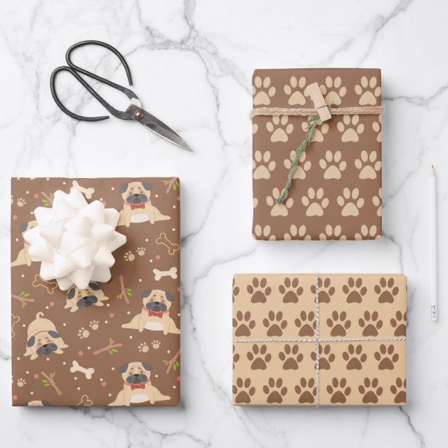 Niedlicher Mops Dog Paws Wrapping Paper Set 3 Geschenkpapier Set (Vorderseite)