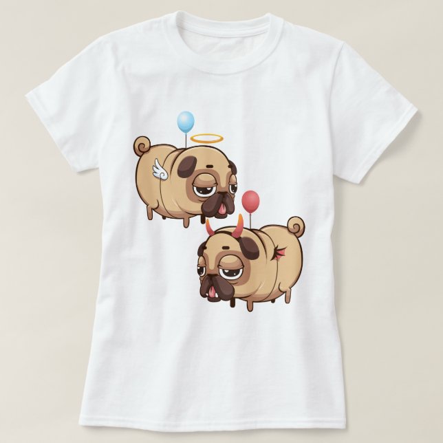 Niedlicher Mops Engel/Teufel T-Shirt (Design vorne)