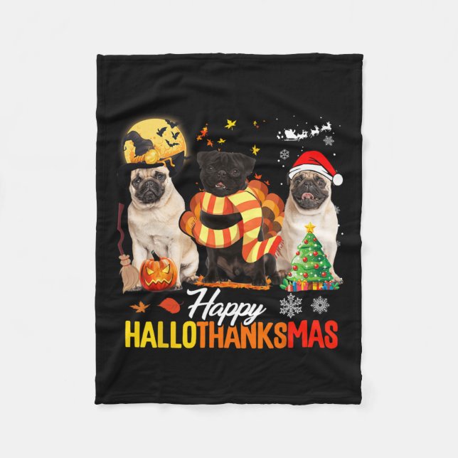 Niedlicher Mops Frohe Hallothanksmas Halloween Tha Fleecedecke (Vorderseite)