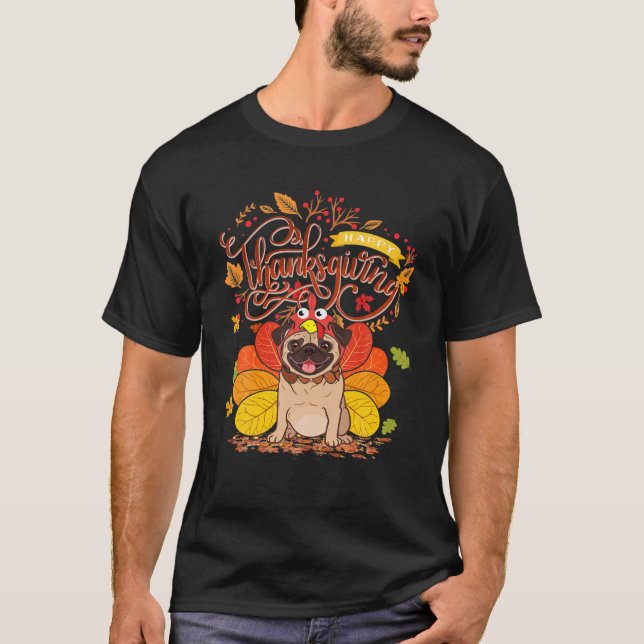 Niedlicher Mops glücklich Danksagung Türkei Dog Cr T-Shirt (Vorderseite)