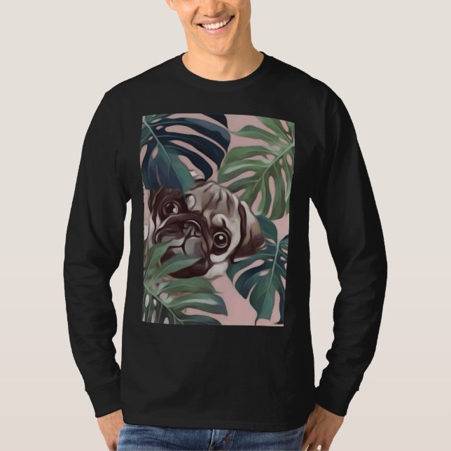 niedlicher Mops hinter drei Blätter Klassischer T  T-Shirt (Vorderseite)