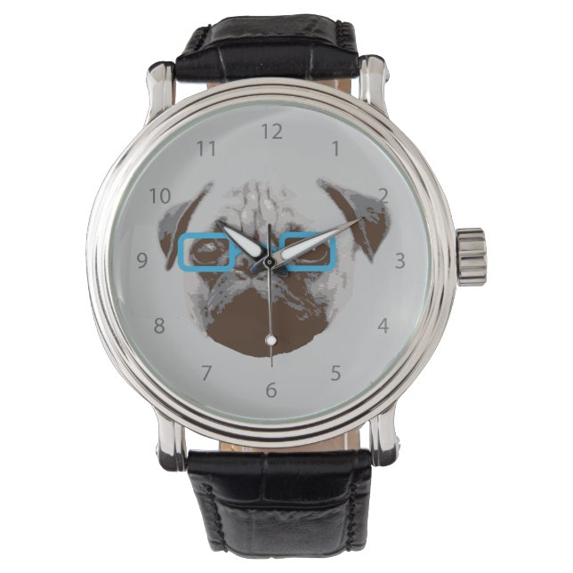 Niedlicher Mops Hipster mit Blauer Brille Armbanduhr (Vorderseite)