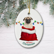 Niedlicher Mops Hund in der Weihnachtsgeschenktasc