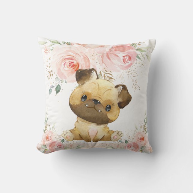 Niedlicher Mops Hund Rosa Blütenmädchen Kissen (Vorderseite)