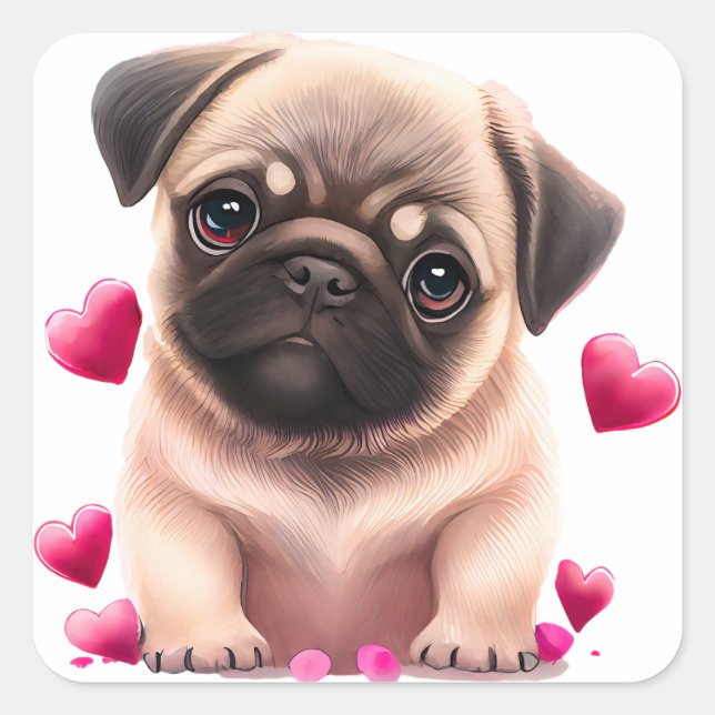 Niedlicher Mops Hund Valentine Quadratischer Aufkleber (Vorderseite)
