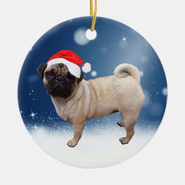 Niedlicher Mops Hund Weihnachten Weihnachtsmannmüt Keramikornament (Vorne)