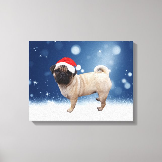 Niedlicher Mops Hund Weihnachten Weihnachtsmannmüt Leinwanddruck (Vorderseite)