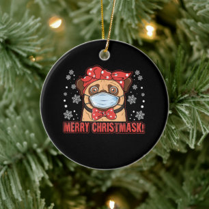 Niedlicher Mops Hunde Gesicht Maske Frohe Weihnach Keramik Ornament