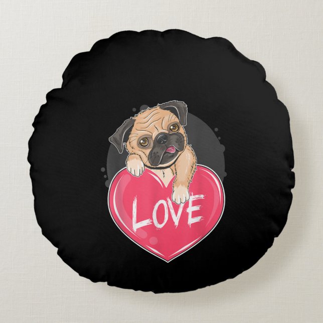 Niedlicher Mops Hunde Herz Mops Valentinisches Ges Rundes Kissen (Vorderseite)