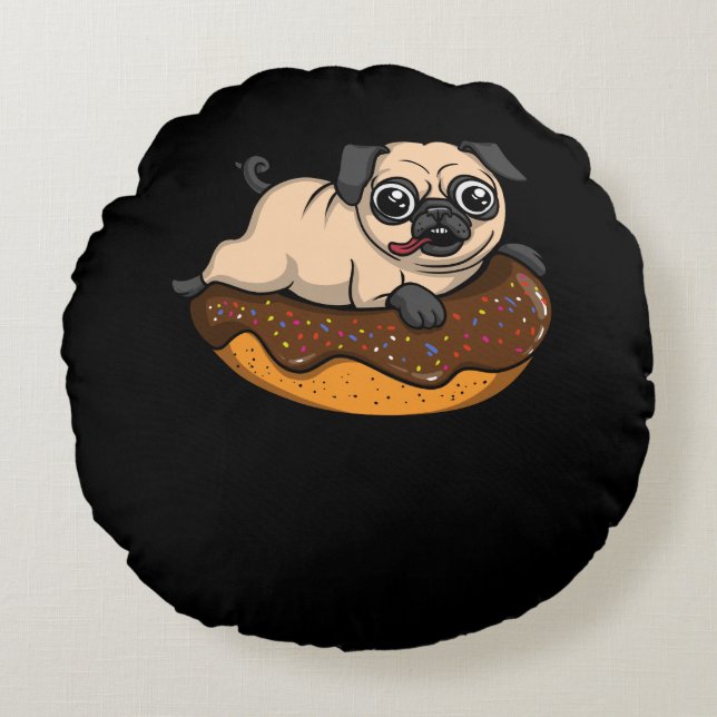 Niedlicher Mops Hundeschlittenfahrt Donut Funny Pe Rundes Kissen (Vorderseite)