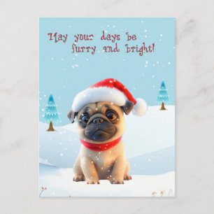 Niedlicher Mops im Schnee Weihnachtskarte Feiertagspostkarte