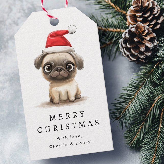 Niedlicher Mops in Weihnachtsmannmütze Illustratio Geschenkanhänger (Cute pug in Santa hat illustration Merry Christmas Gift Tags)