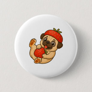 Niedlicher Mops mit Erdbeeren Cartoon süße Früchte Button