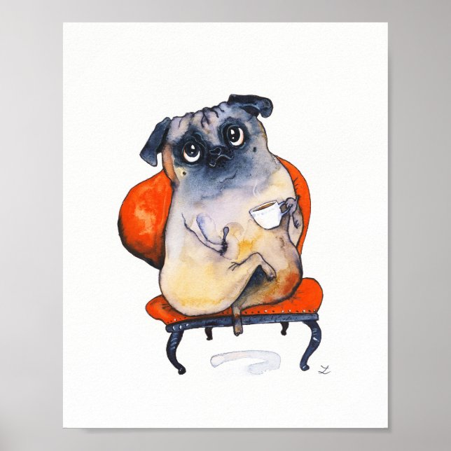 Niedlicher Mops mit Tee Cup auf Red Sessel Hunde L Poster (Vorne)