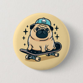 Niedlicher Mops Skate-Boarding Button