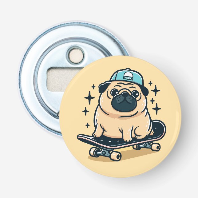 Niedlicher Mops Skate-Boarding Flaschenöffner (Vorderseite)
