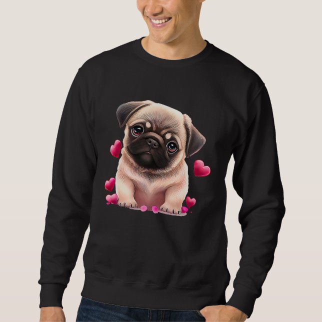 Niedlicher Mops und rosafarbenes Herz - Valentinst Sweatshirt (Vorderseite)