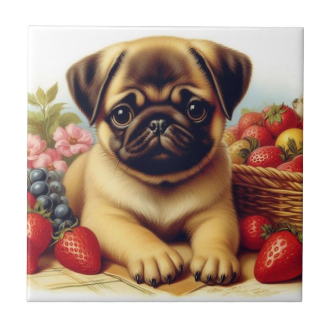 Niedlicher Mops Vintage Malerei Fliese (Vorderseite)