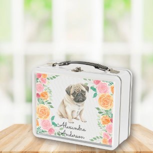 Niedlicher Mops Welpe mit Aquarellfarben-Blume-Mon Metall Brotdose