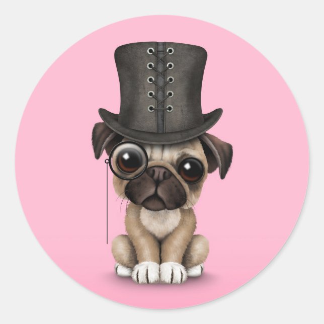 Niedlicher Mops Welpe mit Monocle und Top Hat Pink Runder Aufkleber (Vorderseite)