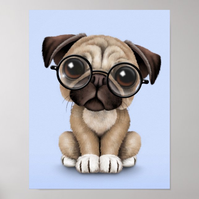 Niedlicher Mops Welpenhund mit Leseglasche, blau Poster (Vorne)
