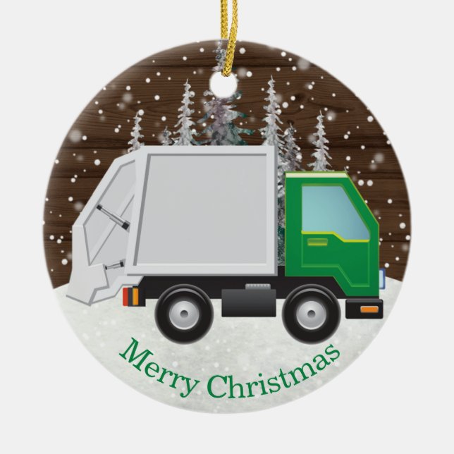 Niedlicher Müllwagen Grüne Weihnachten Keramik Ornament (Vorne)