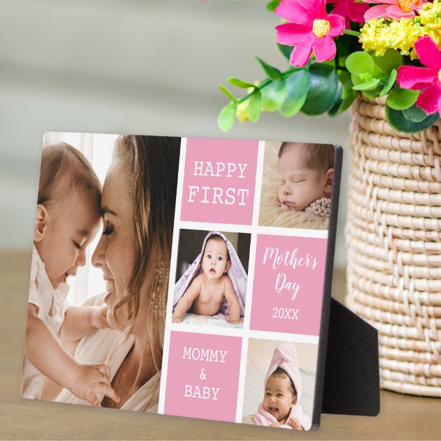 Niedlicher Muttertag Rosa 4 - FotoCollage Fotoplatte (Cute First Mother's Day Pink 4 Photo Collage Plaque
)