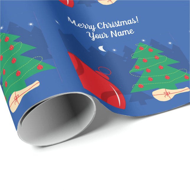 Niedlicher nächtblauer Weihnachtsbaum Geschenkpapier (Rolleneckpunkt)